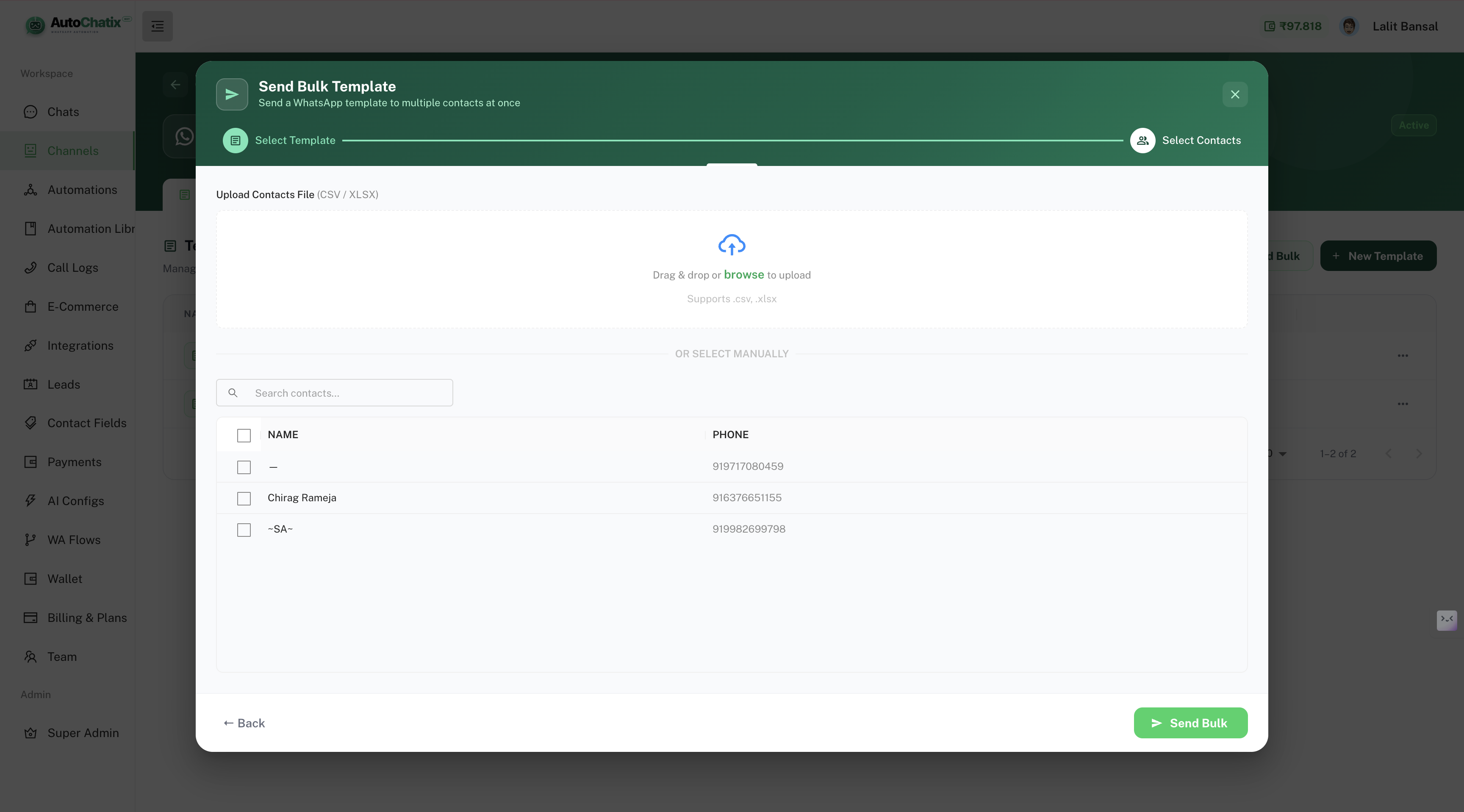 Autochatix bulk broadcast — send WhatsApp template campaigns to multiple contacts